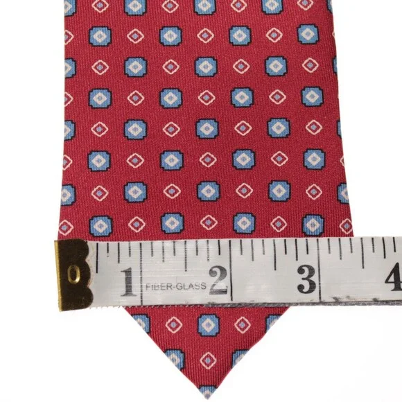 Drake's NWT Neck Tie in Red with Light Blue & White Geometric Pattern 100% Silk
